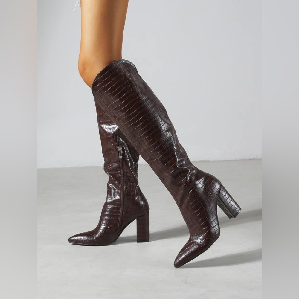 Croc Embossed Point Toe Chunky Boots
